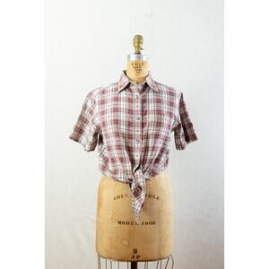 Vintage 90s Bobbie Brooks Cottage Red Green Plaid Blouse, Buttons, Grunge, Small